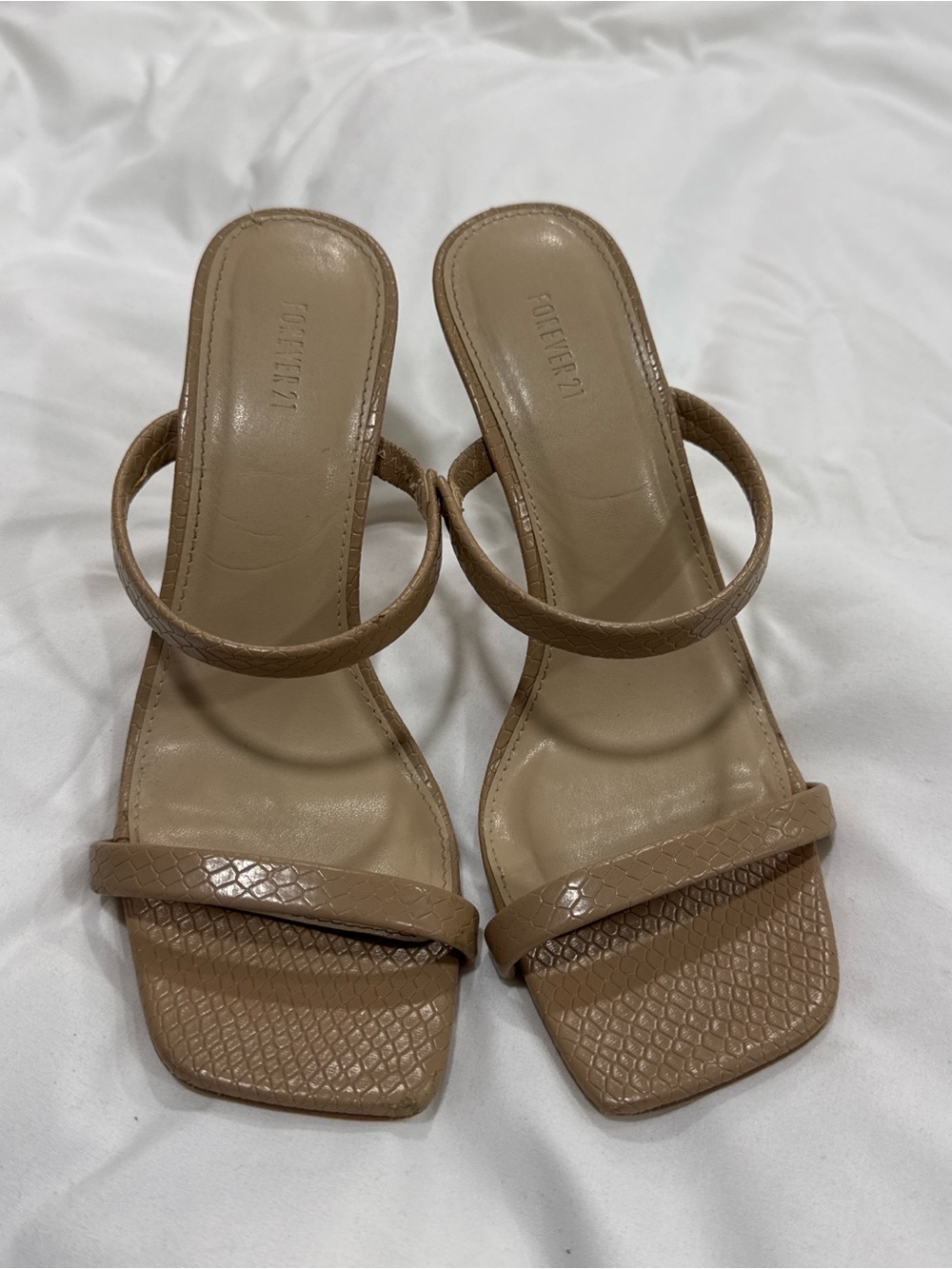Forever 21 Tan Textured Square-Toe Strappy Heels